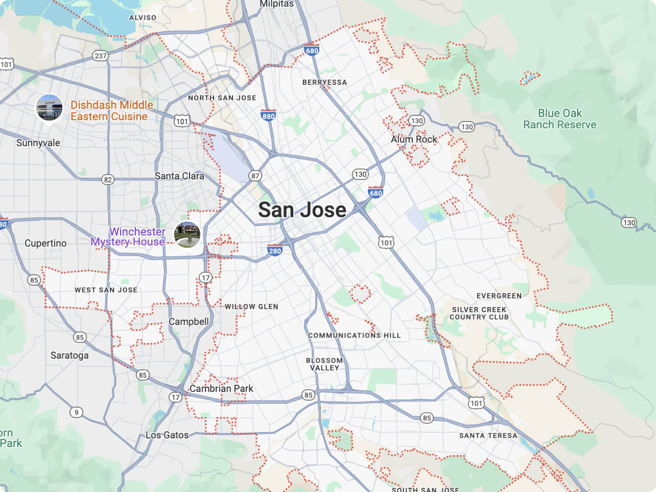 A map of San Jose, California where 1EV Mobile is located