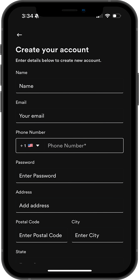 Mobile screen displaying a dark-themed account creation form with fields for name, email, phone number with US flag, password, address, postal code, and city.