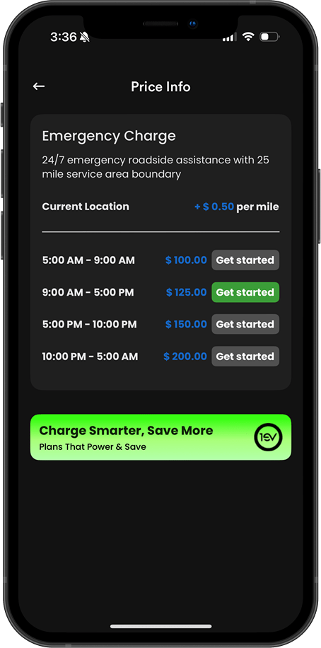 Mobile screen showing emergency roadside assistance pricing with time-based charges from $100 to $200 and a per mile fee of $0.50, plus a green banner saying Charge Smarter, Save More.